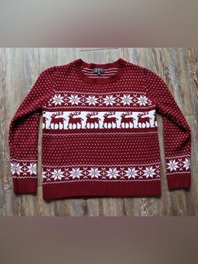 POL Womens Burgundy Wine Reindeer Fair Isle Soft Knit Cozy Christmas Sweater M